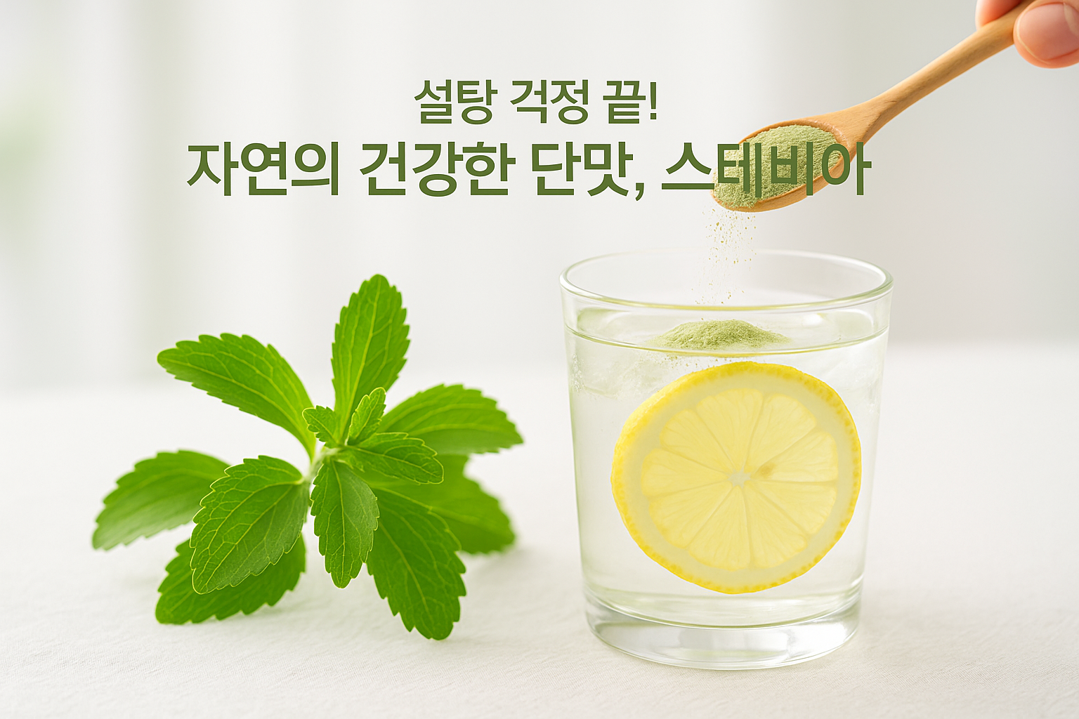 밝은 자연광 아래, 싱그러운 스테비아 잎과 투명한 유리잔에 담긴 레몬수가 놓여 있다. 작은 숟가락에 담긴 하얀 스테비아 가루가 레몬수 위로 뿌려지려는 찰나의 모습. 이미지 중앙에는 "설탕 걱정 끝! 자연의 건강한 단맛, 스테비아"라는 문구가 적혀있음.