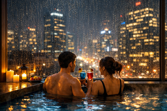 도심 야경을 바라보며 즐기는 커플 스파 데이트.