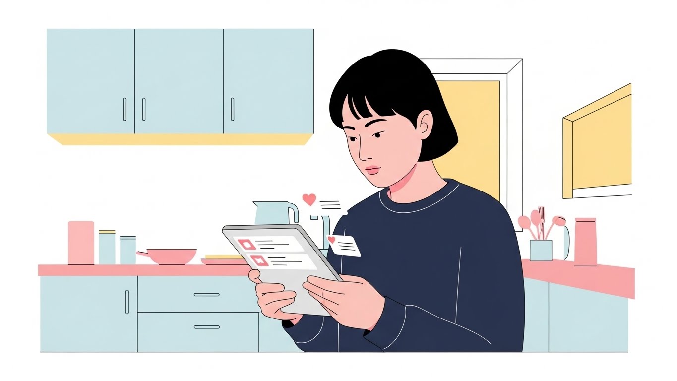 배달앱 리뷰와 노출 영향을 관리하는 자영업자의 일상적인 장면입니다.