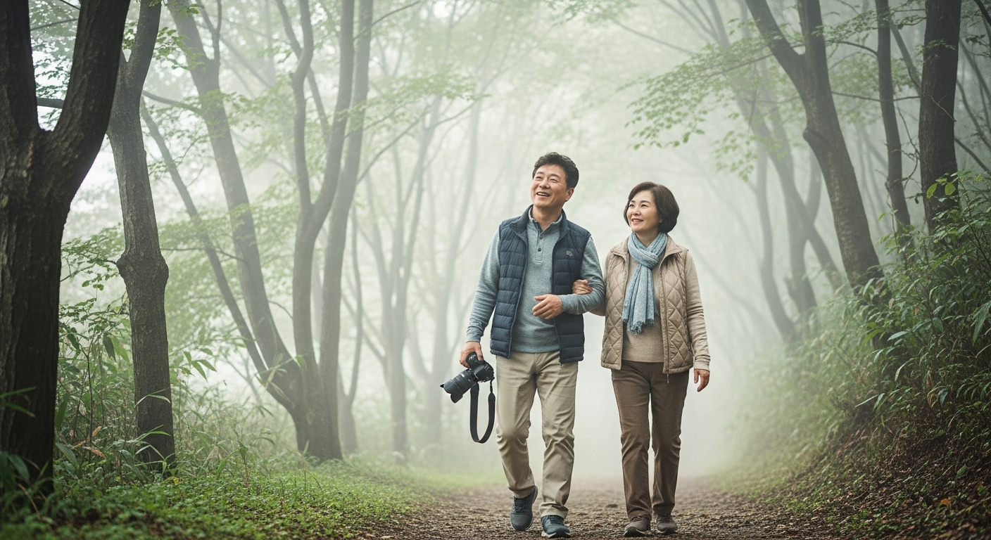 안개 낀 숲길 산책 중인 중장년