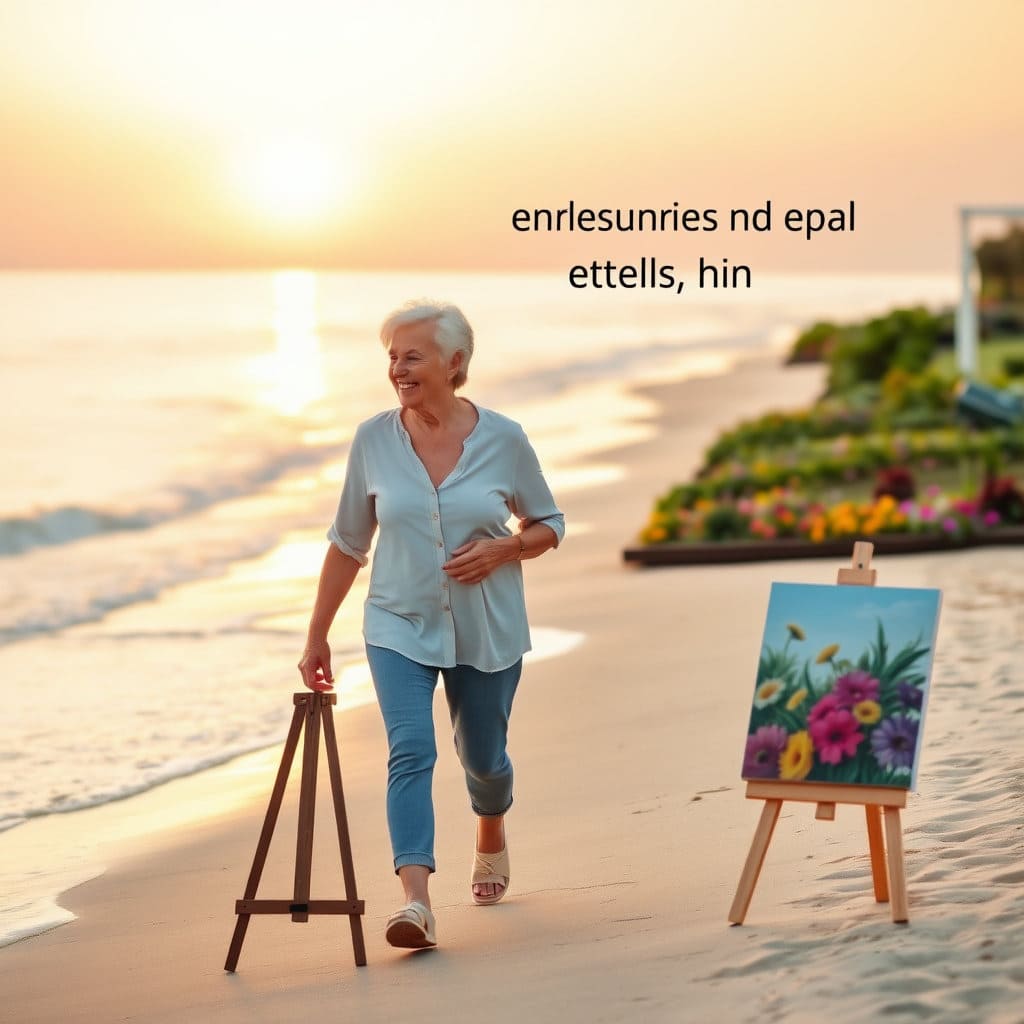 은퇴한 부부가 해변에서 여유롭게 산책하거나, 취미 생활(예: 그림 그리기, 정원 가꾸기)을 즐기는 모습입니다. 이는 퇴직연금을 통해 경제적 걱정 없이 풍요롭고 행복한 노후를 보낼 수 있다는 긍정적인 메시지를 전달합니다.