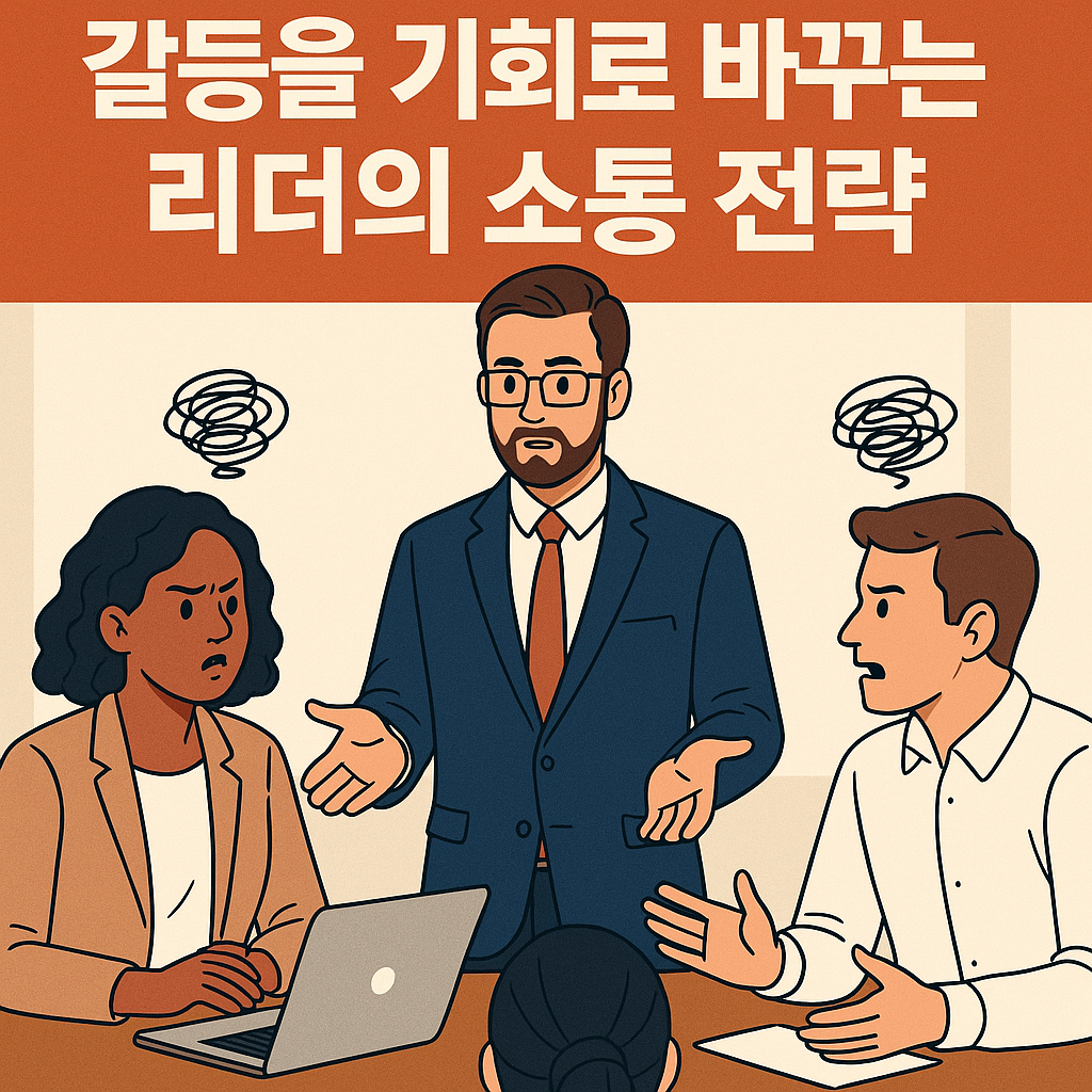 회의 중 갈등 상황에서 중재하는 리더와 대립하는 두 직원의 모습
