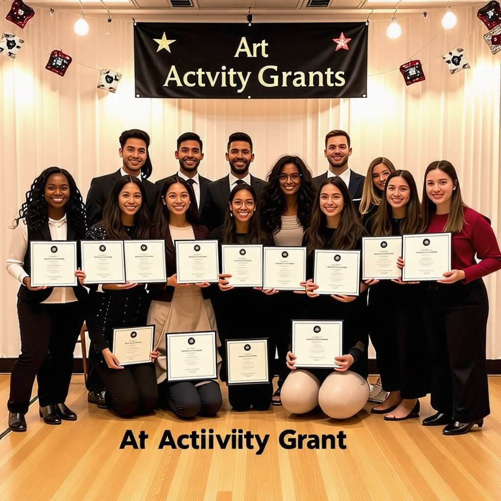 지원금 발표 행사: 예술활동지원금 수여식이나 발표 행사에서 수상자들이 기념 촬영을 하는 모습. 상장이나 트로피를 들고 있는 장면.