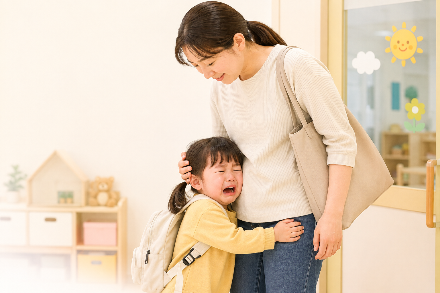 어린이집 앞 엄마 품에 안긴 아기 사진