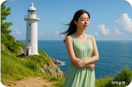 등대 앞에서 바람을 맞는 모습