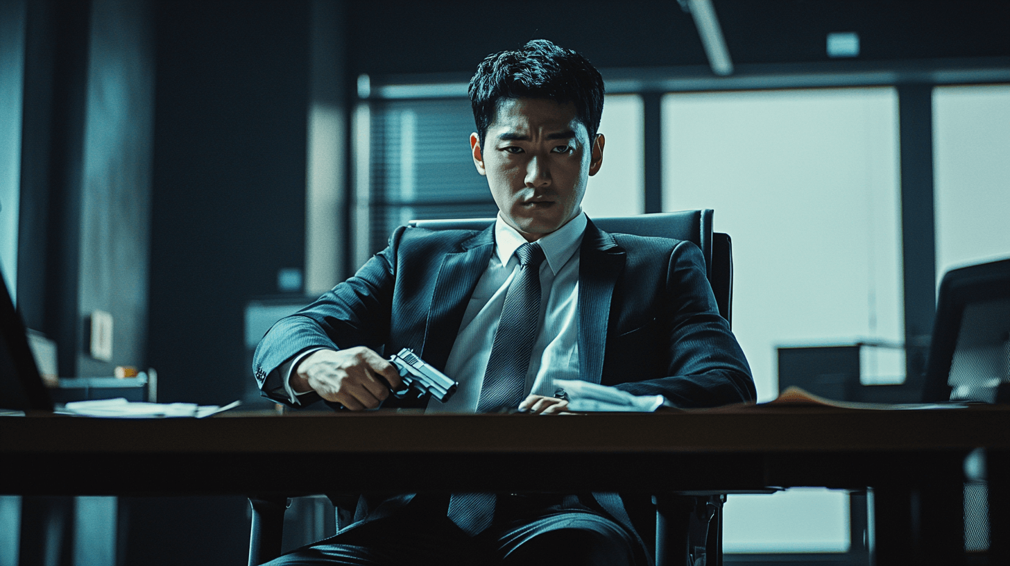 권총을-들고-책상-앞에-앉아-있는-회사원-이미지