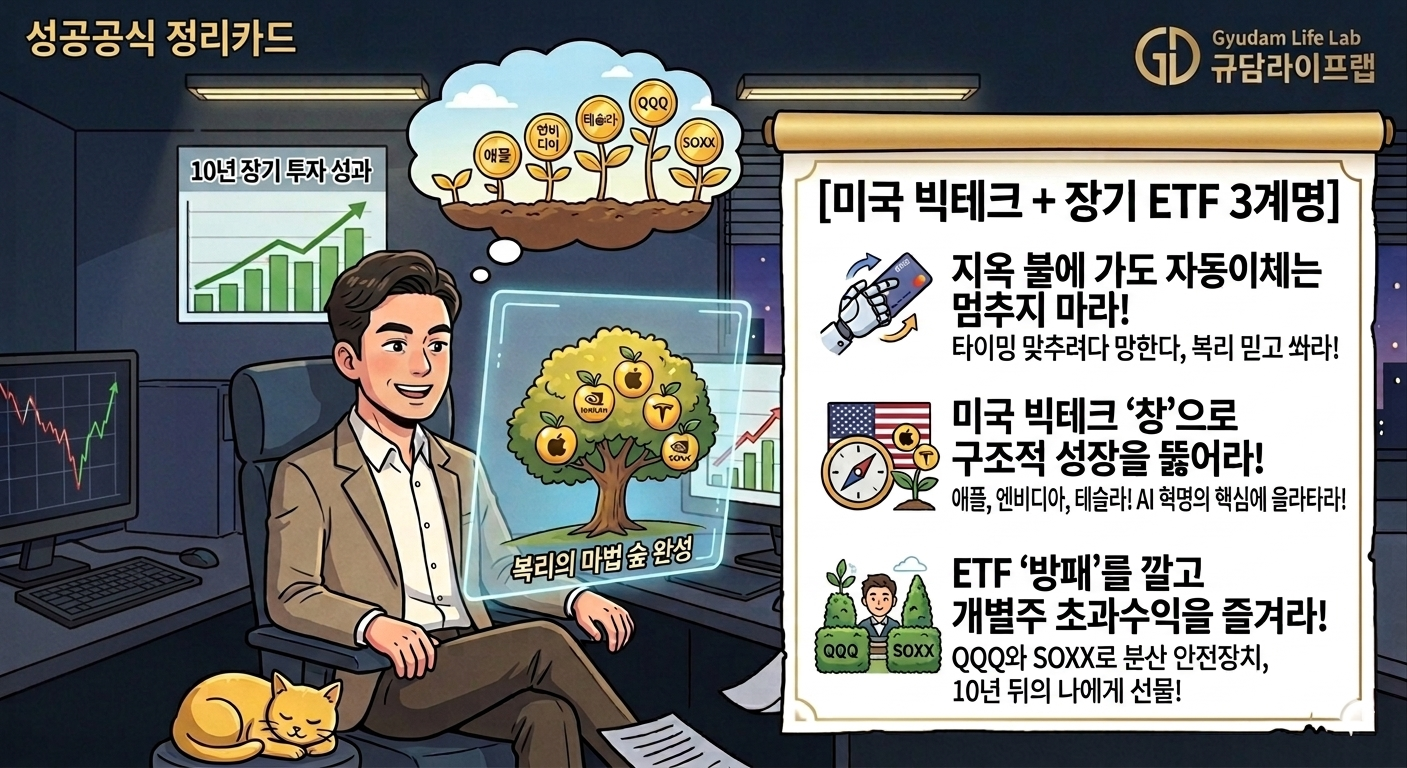 [규담라이프랩] 재테크 시리즈 3단계 요약 카드 '10년 장기 투자'와 '미국 빅테크의 폭발력'