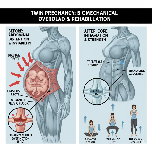 복직근 이개(Diastasis Recti)와 골반 불균형, 요추 전만이 심화된 신체 구조와 물리치료적 재활의 필요성을 시각화한 이미지