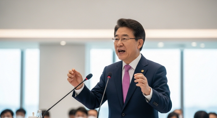 국제 회의에서 발표하는 외교관