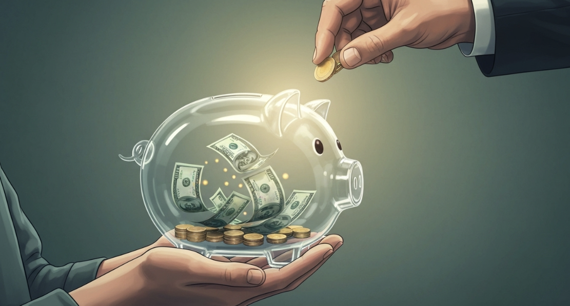 정부가 보너스 금액을 더해주는 청년도약계좌의 정부기여금을 상징하는 돼지저금통과 손 이미지