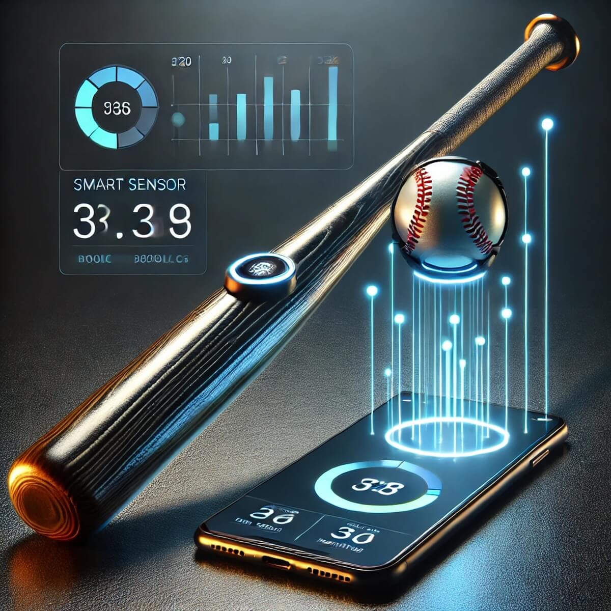 스마트 센서 연결된 야구배트와 앱 화면