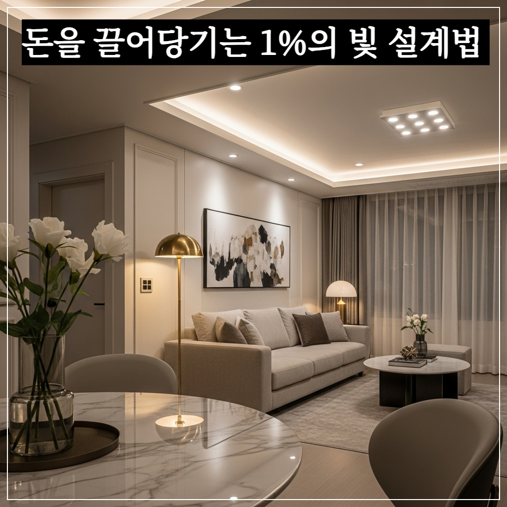 풍수적으로 완벽한 주백색 조명으로 재물운을 높인 현대적인 거실 인테리어 전경