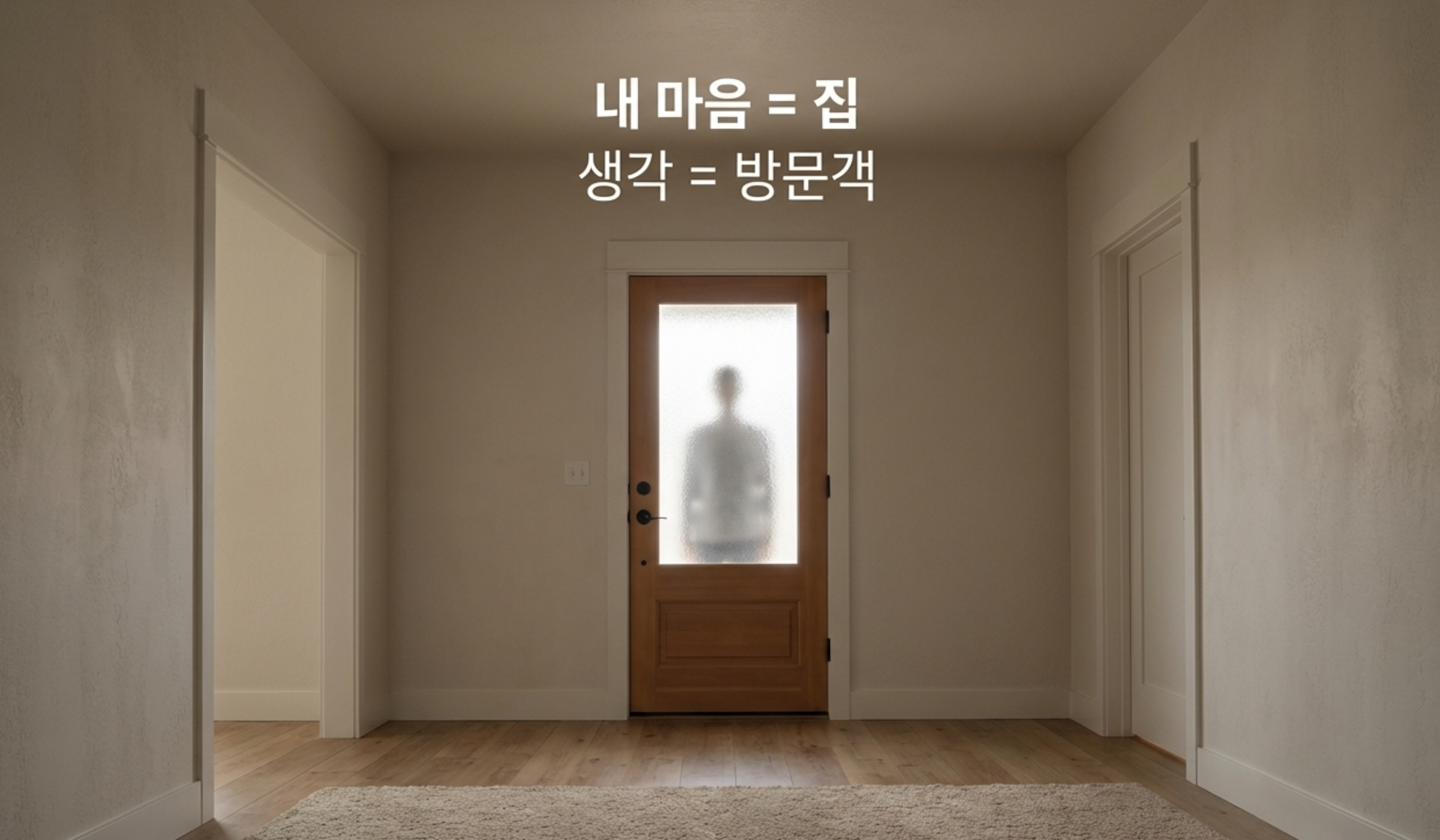마음의 문 앞 서 있는 다양한 생각들을 묘사한 일러스트