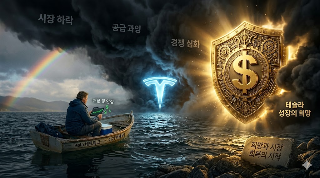 번쩍이는 테슬라 로고 위로 드리운 먹구름과 그 사이를 뚫고 솟아오르는 황금색 배당금 방패 이미지