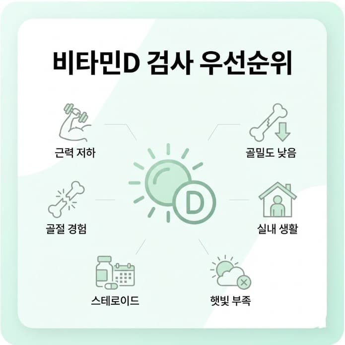 40대 여성이 비타민D 검사를 우선 고려해야 하는 상황(골밀도&amp;#44; 햇빛 부족&amp;#44; 약 복용 등)을 정리한 체크리스트 인포그래픽