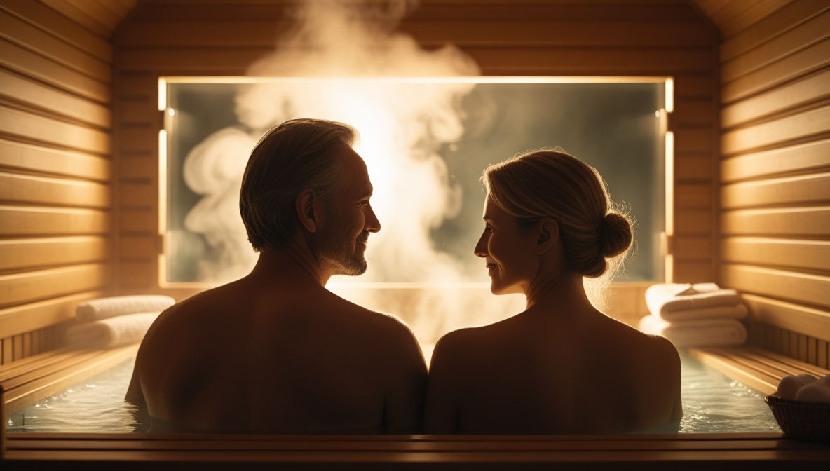 [이미지 설명: 편안하고 아늑한 분위기의 사우나 내부(예: 나무로 된 건식 사우나 또는 스팀이 있는 습식 사우나의 간접적인 모습) 또는 따뜻한 김이 모락모락 올라오는 욕조의 모습. 휴식과 안정을 취하는 40대 남녀의 뒷모습이나 실루엣을 간접적으로 보여주어 공감대를 형성하고 따뜻한 느낌을 전달하는 이미지.