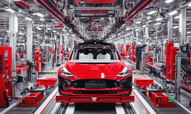 자동차공장 내부 풍경이다. 각종 기계들이 있고 빨간 자동차가 세워졌다.