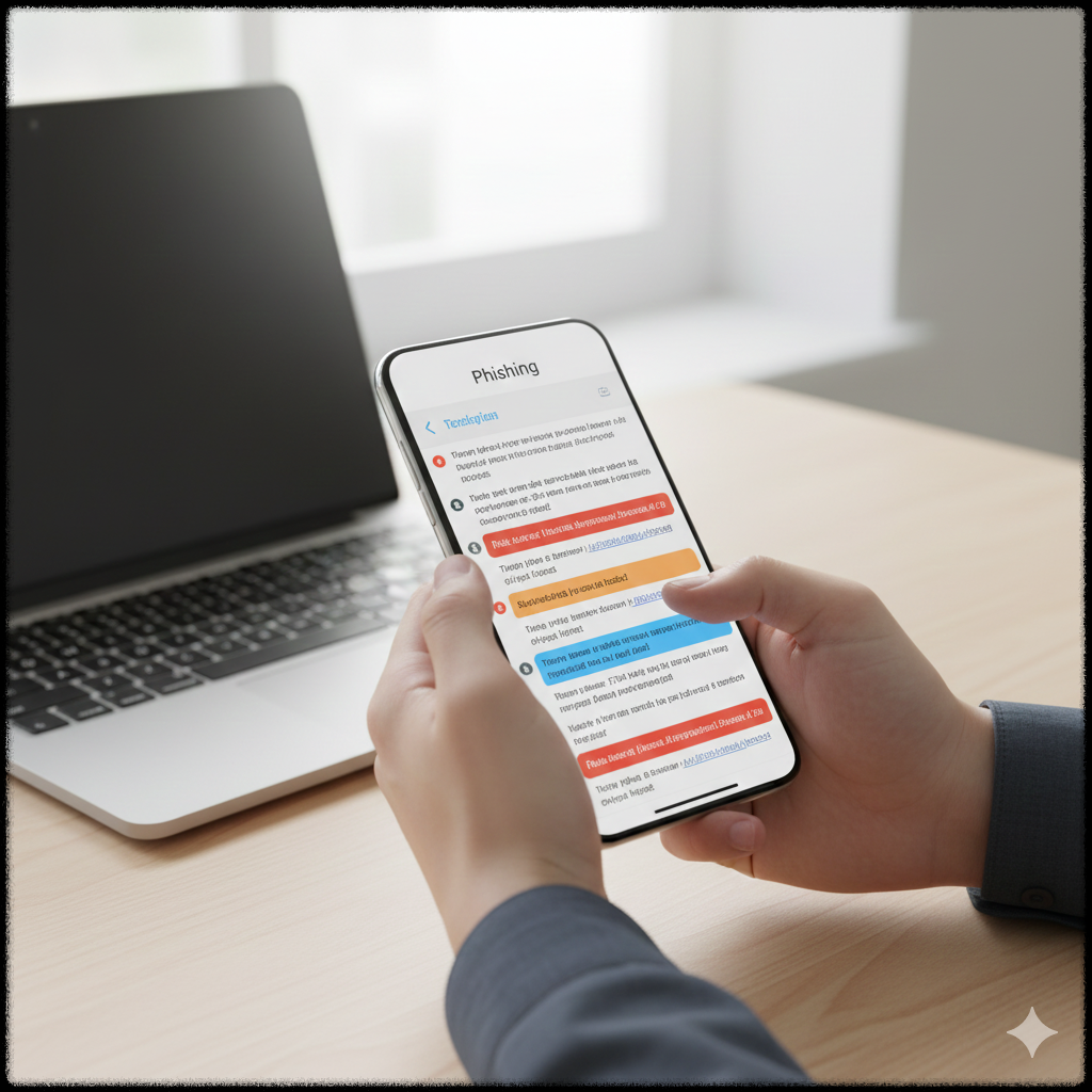 피싱, 스미싱 메시지를 확인하며 경계하는 사용자