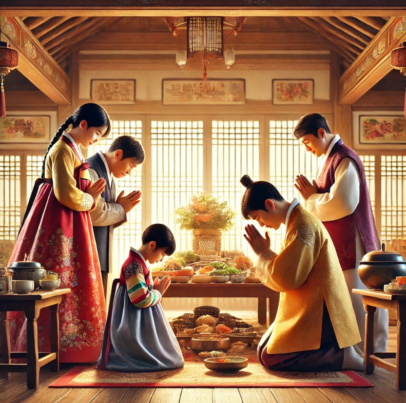 아이와 어른들이 서로에게 세배하는 모습