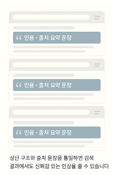 여러 검색 결과 카드에 동일한 패턴의 인용·출처 요약 문장이 반복되는 화면