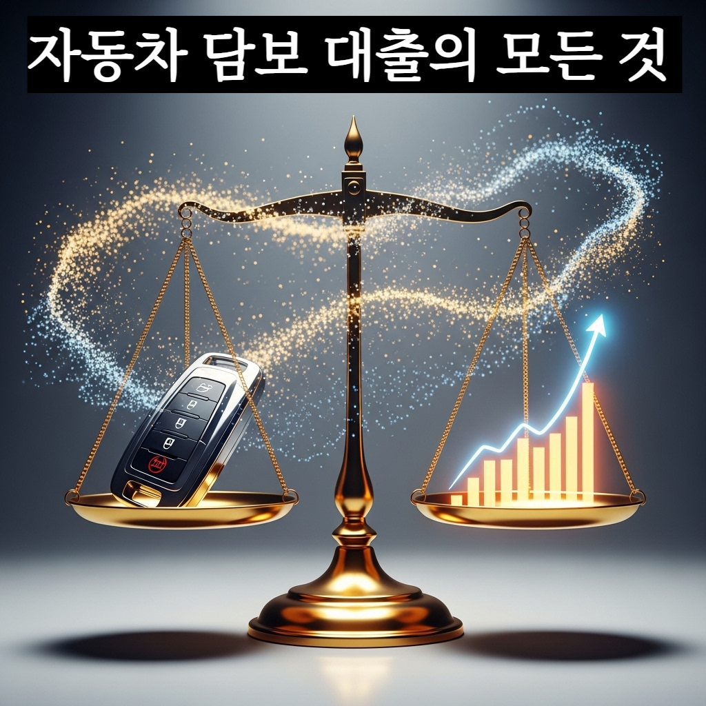 고급 세단의 키(Key)가 황금빛 저울 위에 올라가 있고, 반대편에는 반짝이는 신용 점수 그래프가 균형을 이루고 있는 모습. 차량 주변으로 맑은 푸른색과 황금색 에너지 입자들이 순환하며 재무적 균형과 정화를 시각적으로 표현한 신비로운 이미지