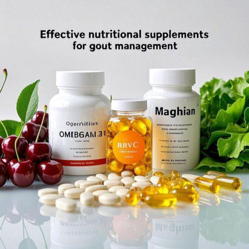 밝고 깨끗한 배경에 통풍에 도움이 되는 다양한 영양제와 보조제(체리 추출물 캡슐, 비타민 C, 오메가-3 어유 캡슐, 마그네슘 정)가 깔끔하게 배열되어 있고, 한쪽에는 신선한 체리와 푸른 잎채소가 함께 놓여 있는 구성