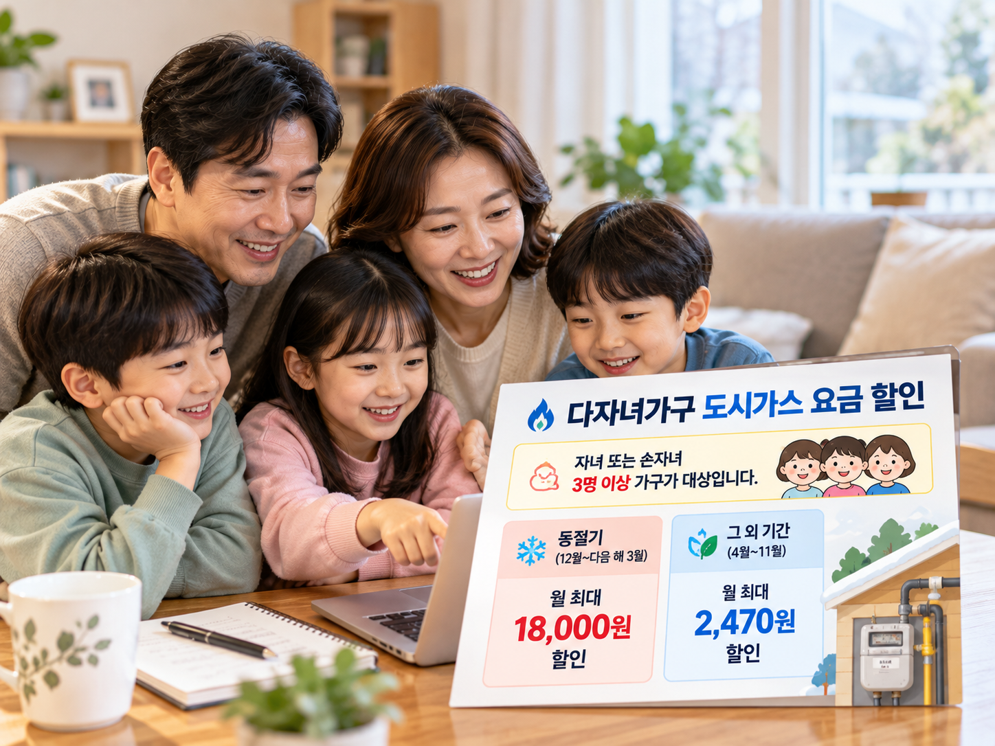 다자녀가구의 도시가스 요금 할인 기준을 설명하는 가족 이미지