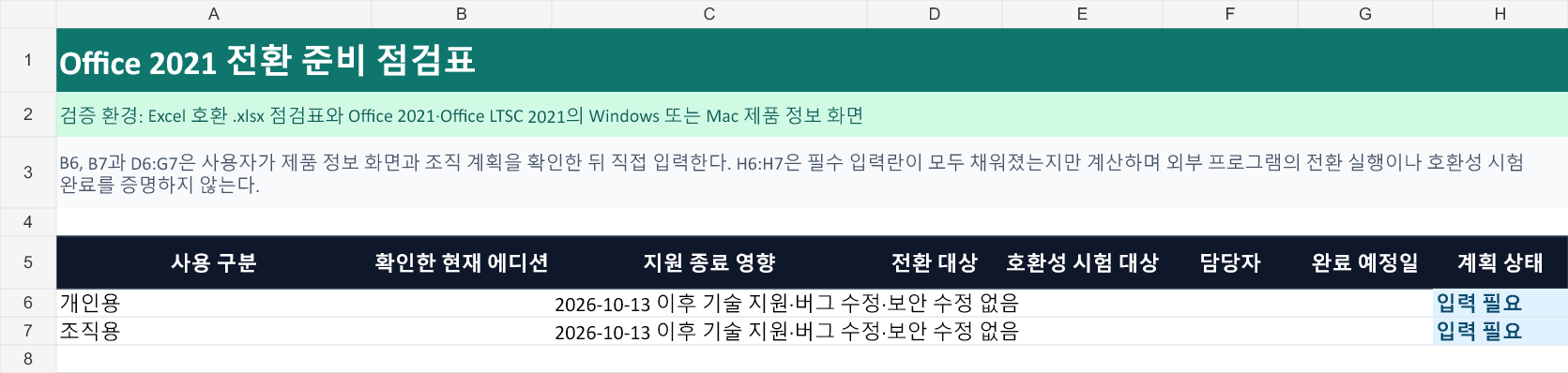 실습 점검표: 개인용과 조직용 두 행의 에디션&middot;전환 대상&middot;호환성 시험&middot;담당 기한 입력란이 비어 있고 계획 상태가 입력 필요로 표시된 화면
