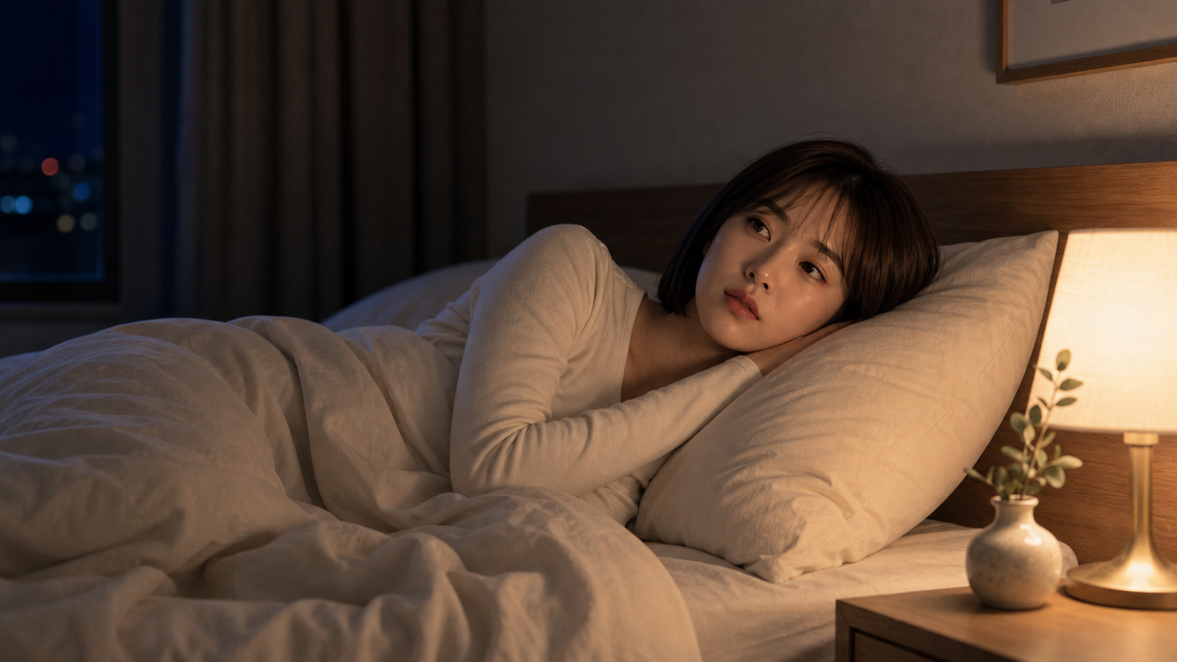 장신구 없이 어두운 침실에서 잠들지 못하고 누워 있는 서윤