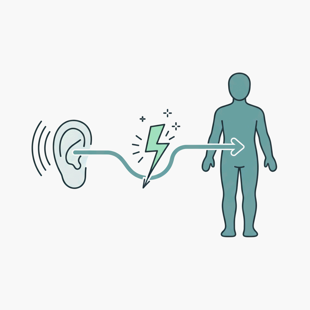 소리를 들을 때 순간적으로 몸이 움찔하는 반응을 상징적으로 표현한 간단 일러스트레이션
