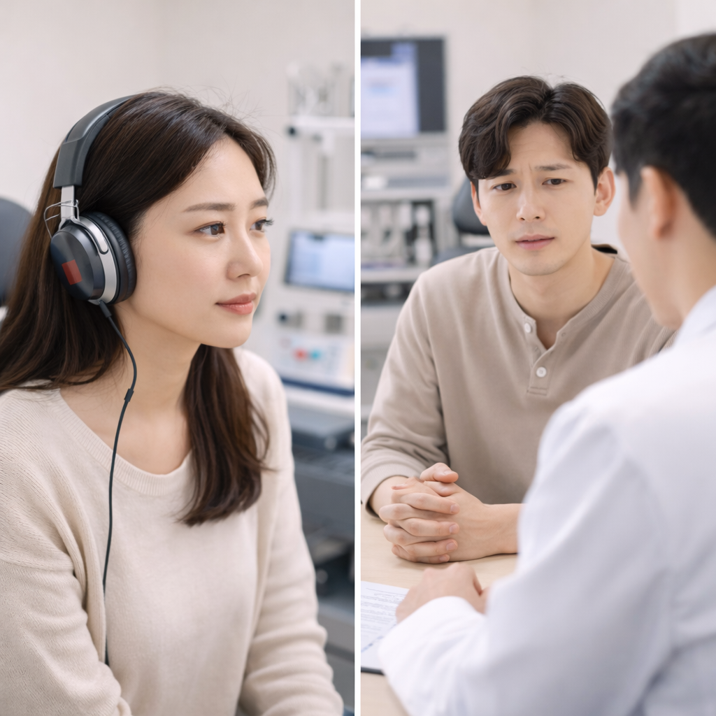 돌발성난청 의심으로 이비인후과에서 청력검사를 받는 모습