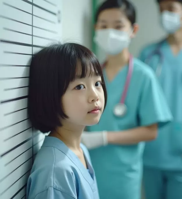 병원에서 키를 재고 있는 이미지