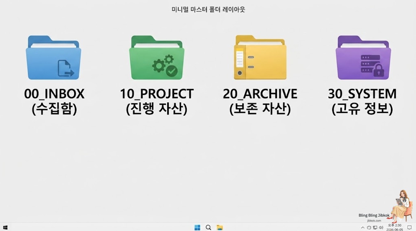 미니멀하게 정리된 컴퓨터 바탕화면 마스터 폴더 레이아웃(minimalist-computer-desktop-layout)