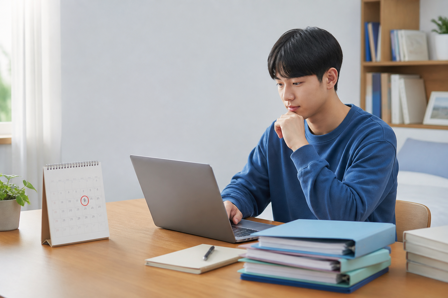 노트북으로 국가근로장학금 신청 일정을 확인하는 대학생