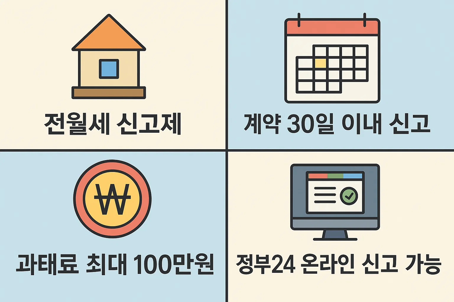 전월세 계약 체결 후 30일 이내 신고 의무, 최대 100만원 과태료, 정부24 온라인 신고 방법을 정리한 인포그래픽