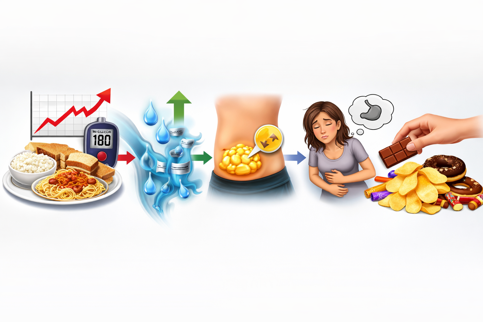 탄수화물 섭취 후 혈당 상승, 인슐린 분비, 지방 저장, 허기와 간식으로 이어지는 과정을 보여주는 인포그래픽 이미지