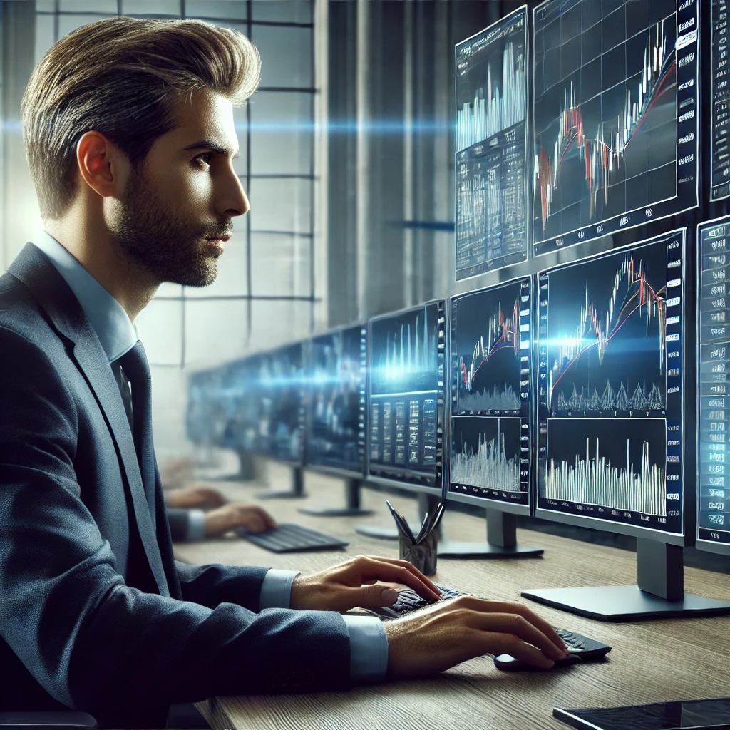 "해외 주식 차트를 분석하는 전문 투자자. 트레이딩 데스크에서 여러 개의 모니터를 활용하여 시장 데이터를 검토하는 모습."