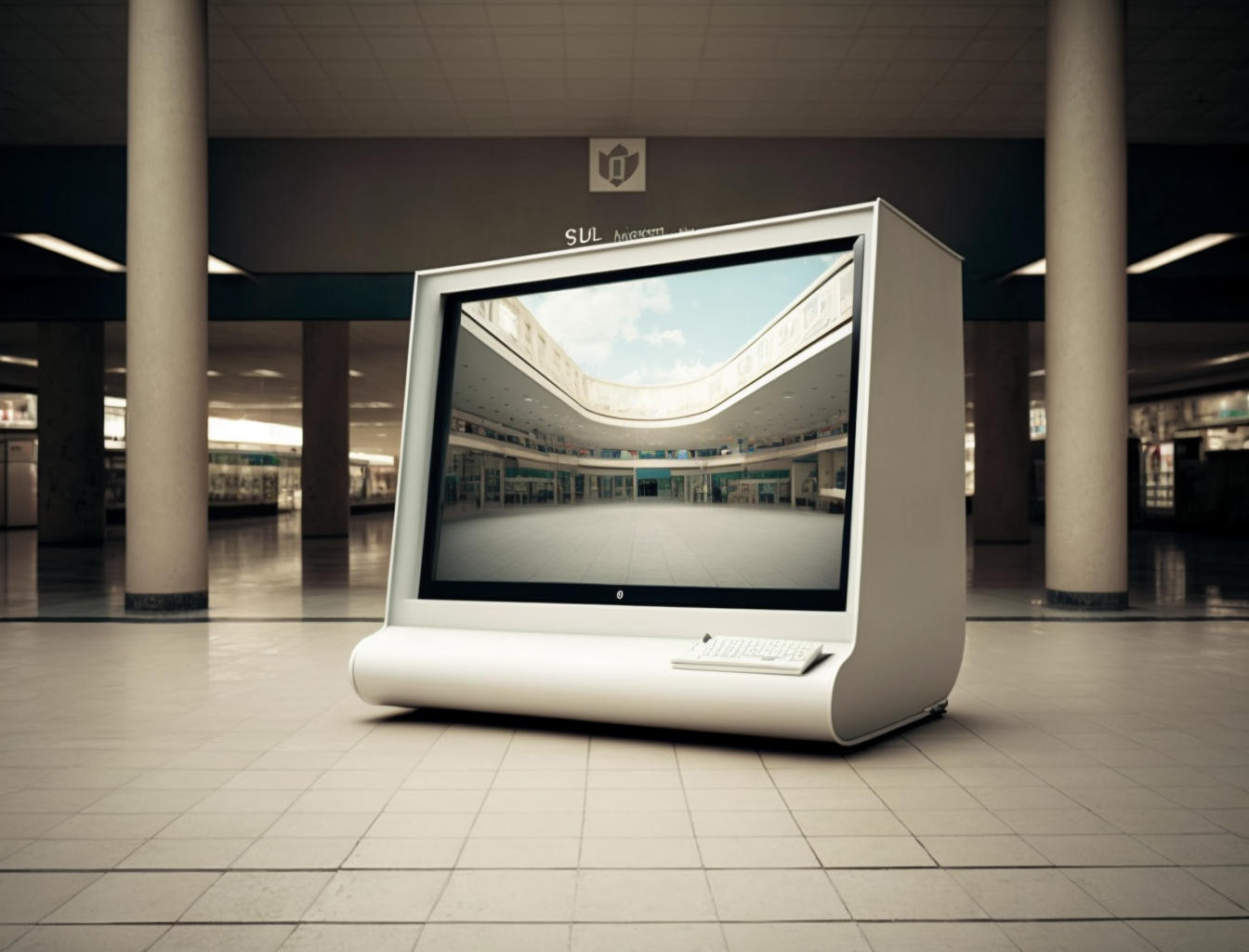 건물안에 커다란 컴퓨터가 있는 모습