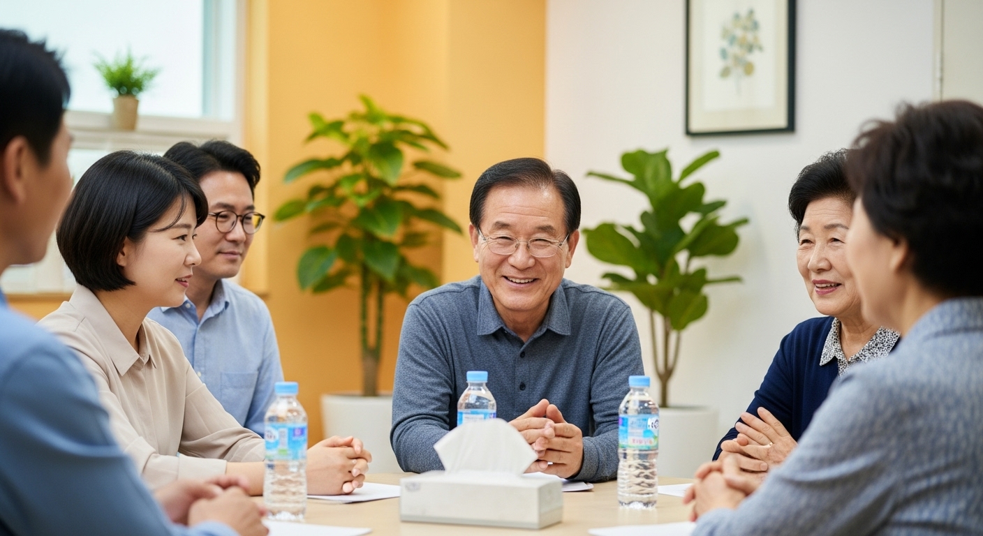 사별자 지원 그룹에서 자신의 경험을 나누며 따뜻하게 미소 짓는 60대 한국 남성, 서로 지지하는 공동체의 모습.
