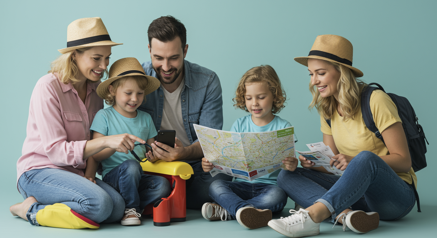 가족들이 함께 둘러앉아 놀이동산 지도를 펼치고 어떻게 즐길것인지 함께 의논하고 있는 실사 이미지