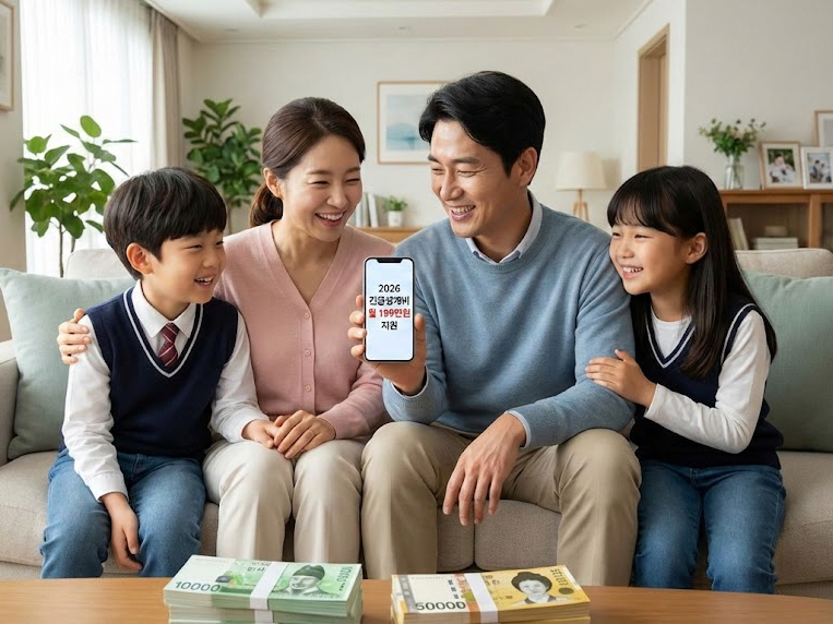 2026년 월 199만 원 긴급생계비 인상 소식에, 다시 웃음을 되찾은 4인 가족의 희망찬 모습