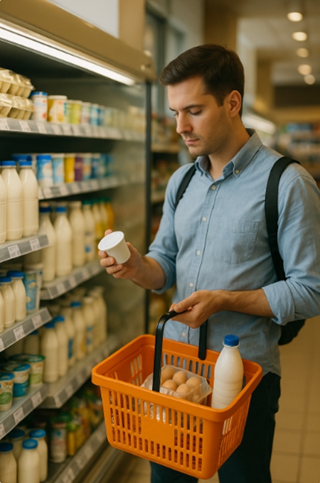 편의점 냉장 매대 앞에서 직장인이 단백질 식품을 고르는 모습. 가격표와 영양성분표를 확인하는 장면.