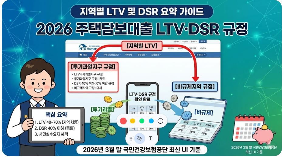2026년 주택담보대출 지역별 LTV 상한선 및 DSR 한도 규정 요약 가이드 이미지
