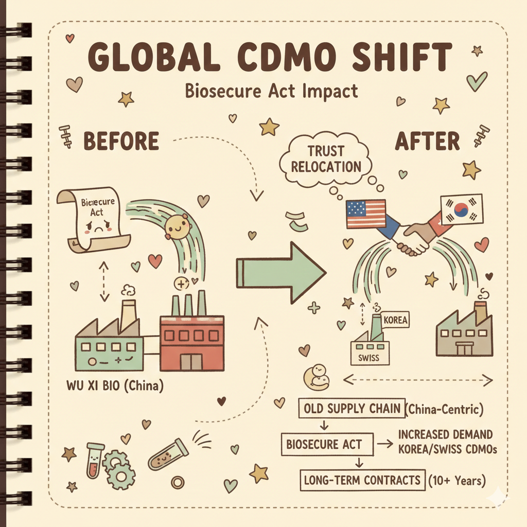 미국 바이오보안법 통과 이후 글로벌 CDMO 공급망 재편 경로를 나타내는 인포그래픽