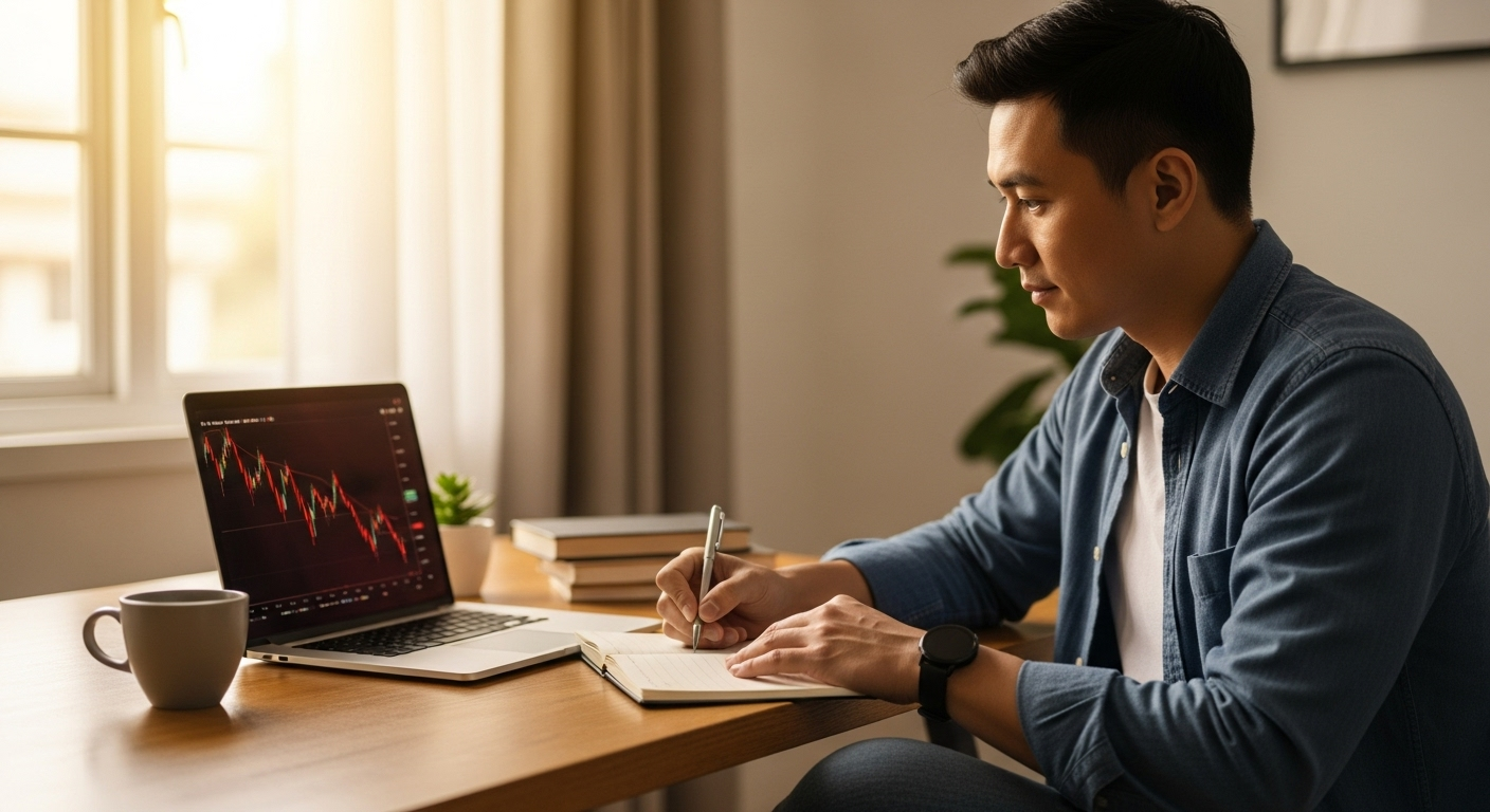 시장 급락 상황에서도 침착하게 주식 차트를 확인하며 대응 전략을 세우는 현실적인 투자자의 모습