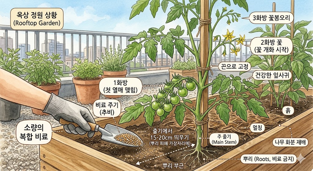 토마토 1화방 열매가 콩알만 한 크기가 되었을 때, 줄기에서 적당한 거리를 두고 1차 추비를 하는 모습과 건강한 다단 화방이 형성되는 과정을 보여주는 설명 삽화