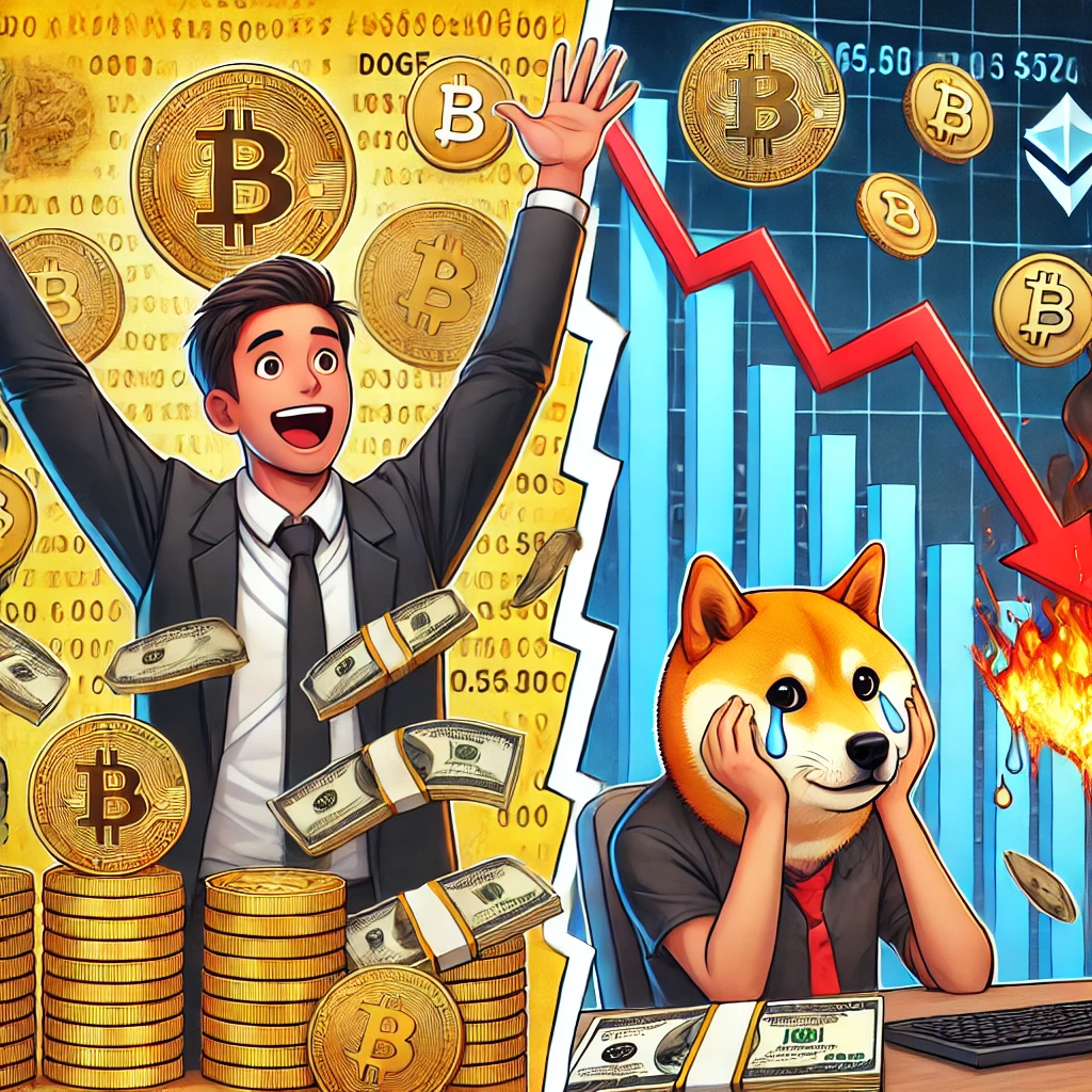 "밈코인 투자 성공과 실패를 나타내는 현실적인 이미지. 왼쪽에는 이익을 보고 기뻐하는 투자자와 상승하는 차트, 오른쪽에는 손실로 좌절하는 투자자와 하락하는 차트가 표시됨."