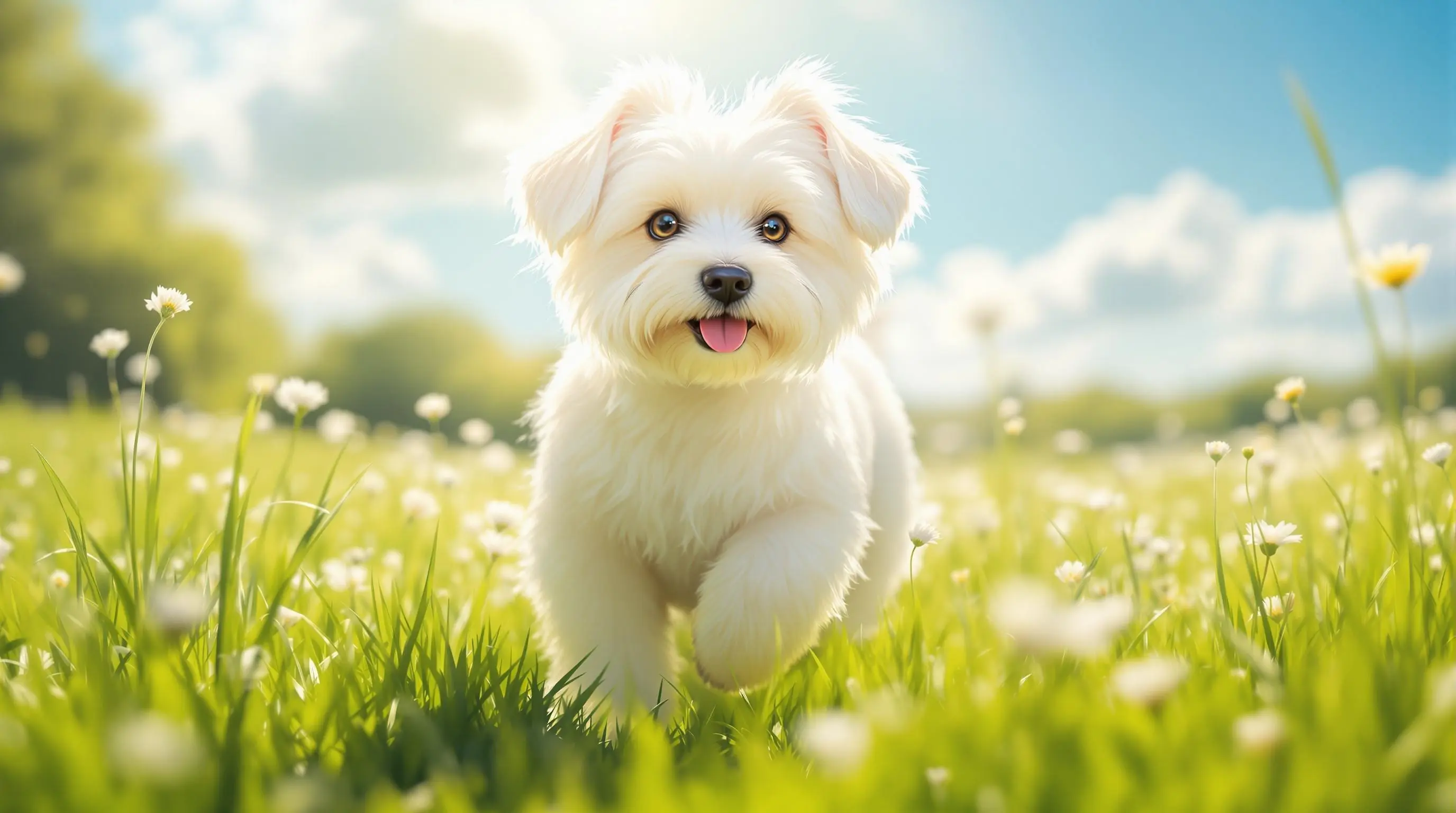 꽃밭을 산책하는 귀여운 말티즈 강아지