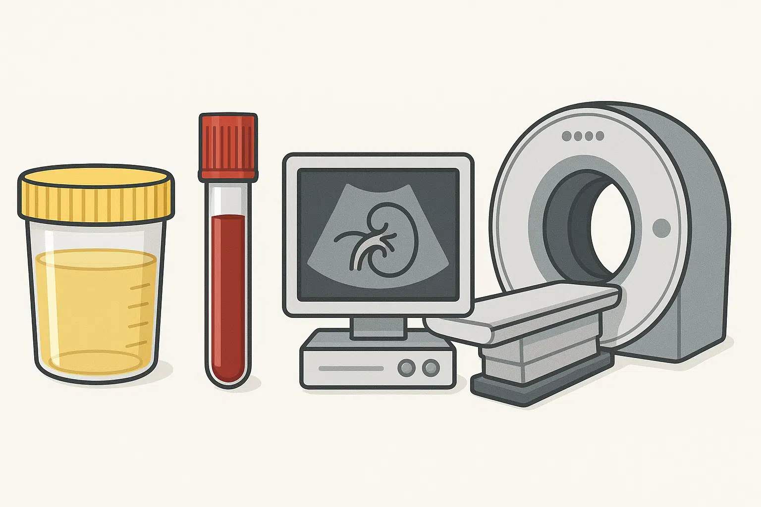 소변 검사 시약 컵, 혈액 검사 튜브, 신장 초음파, CT,MRI 장비