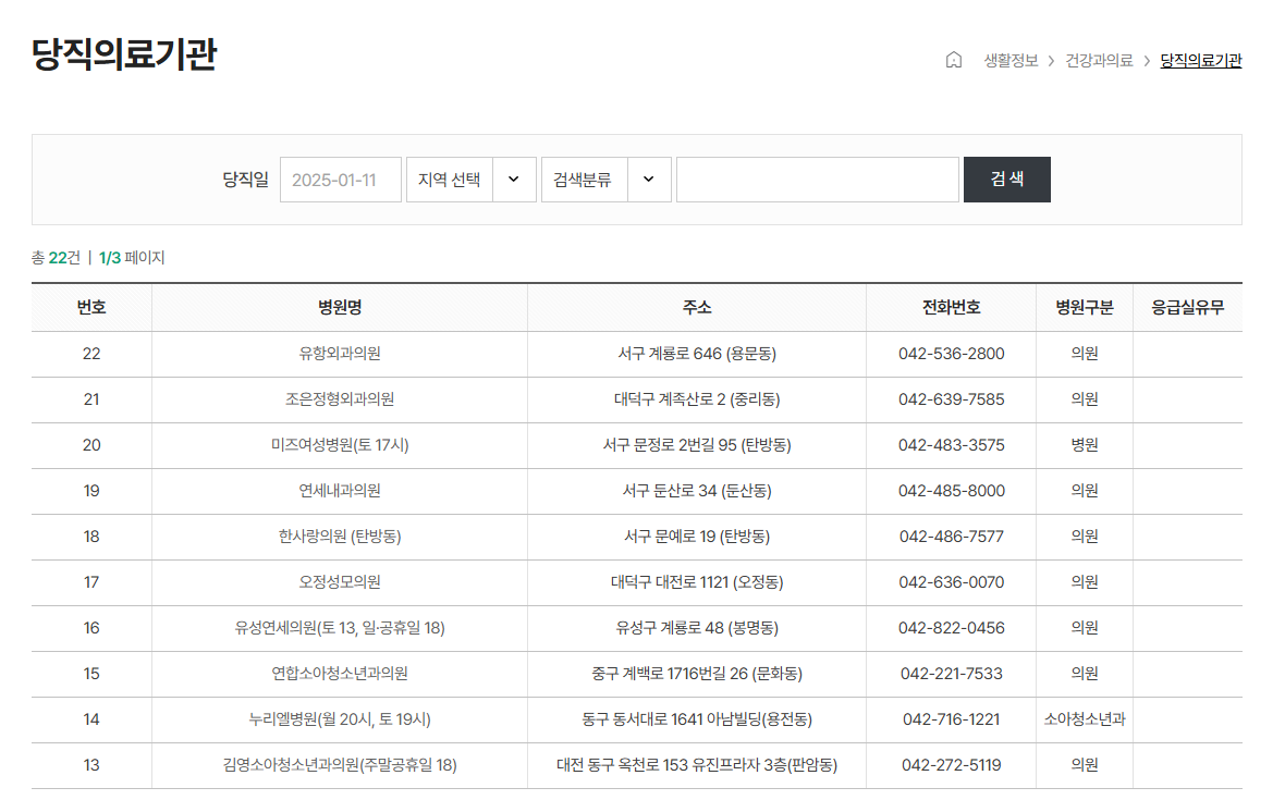대전광역시 주말 공휴일 일요일 문여는 약국 병원 찾기